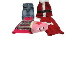 Lot Of 4 Dog Sweaters Size XS and BARK Toy Squeaky Santa Denim Jacket 2 Sweaters